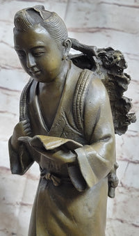 Japanese Scholar Bronze with Backpack - Vintage Young Boy Reading