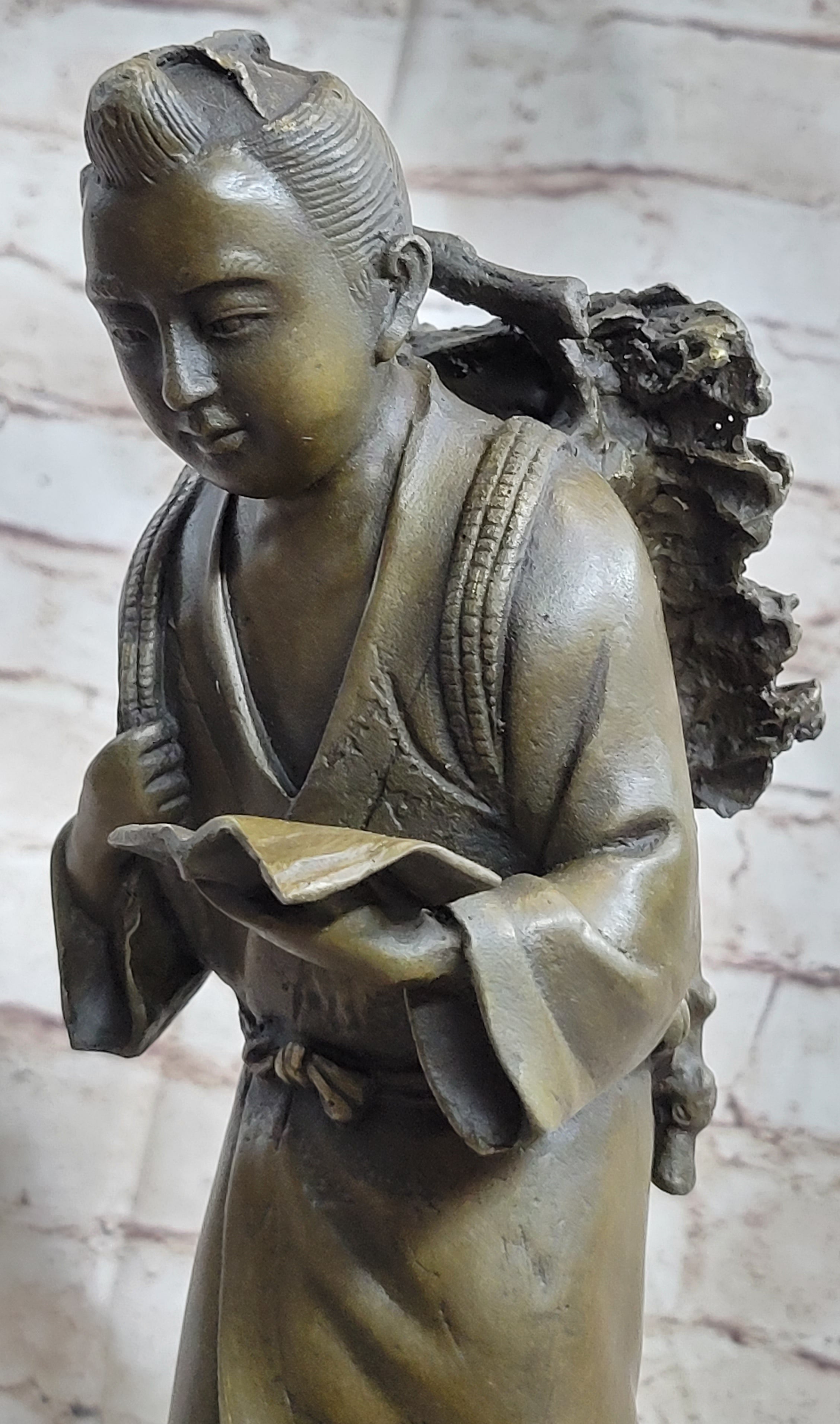 Japanese Scholar Bronze with Backpack - Vintage Young Boy Reading