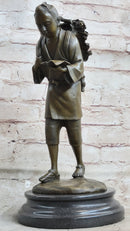 Japanese Scholar Bronze with Backpack - Vintage Young Boy Reading