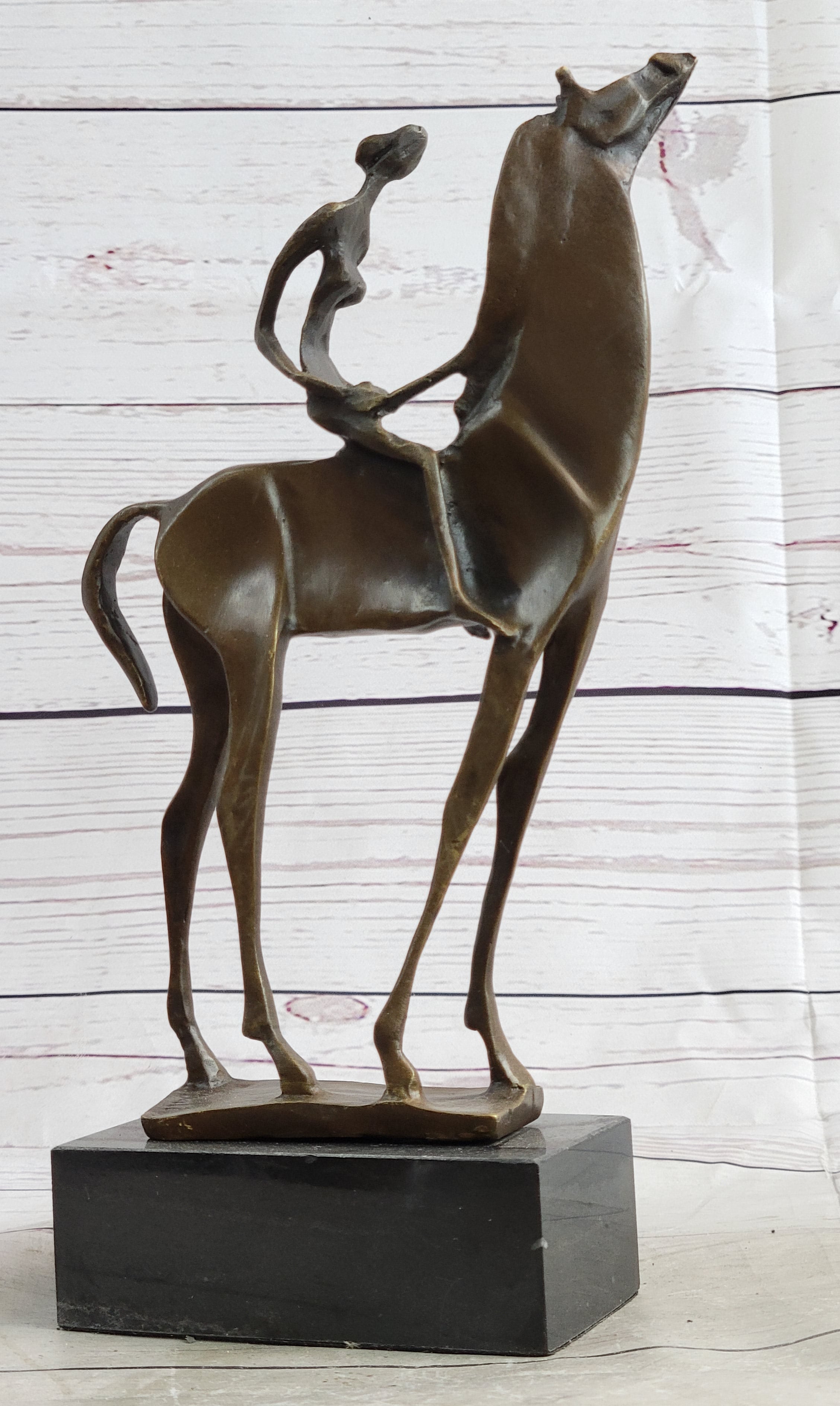 Nude Female Figure on Horseback Abstract Surreal Bronze Sculpture Figure on Marble Base