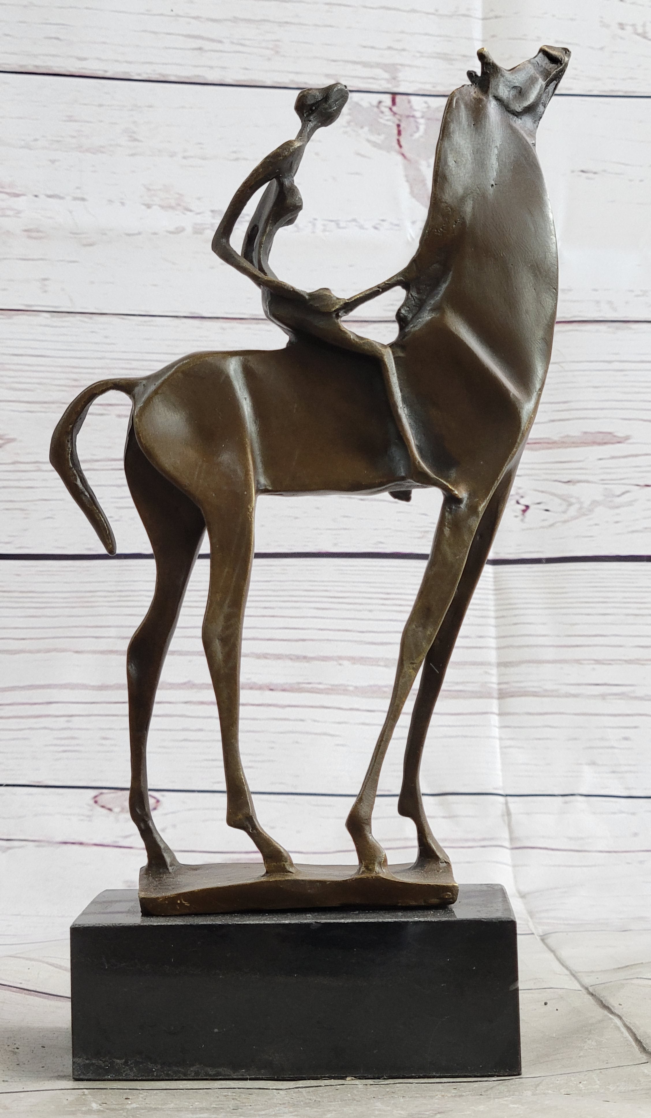 Nude Female Figure on Horseback Abstract Surreal Bronze Sculpture Figure on Marble Base