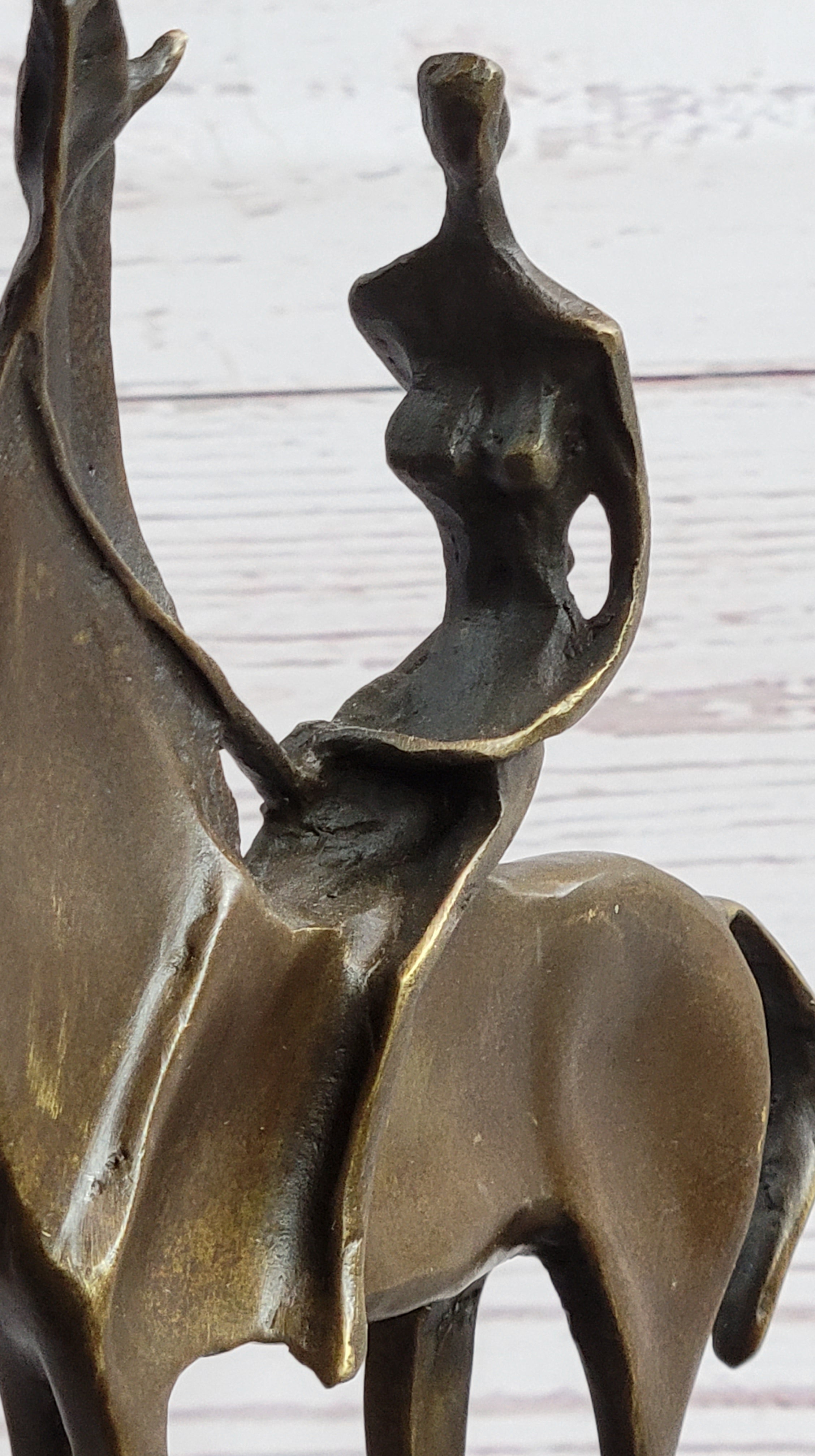 Nude Female Figure on Horseback Abstract Surreal Bronze Sculpture Figure on Marble Base