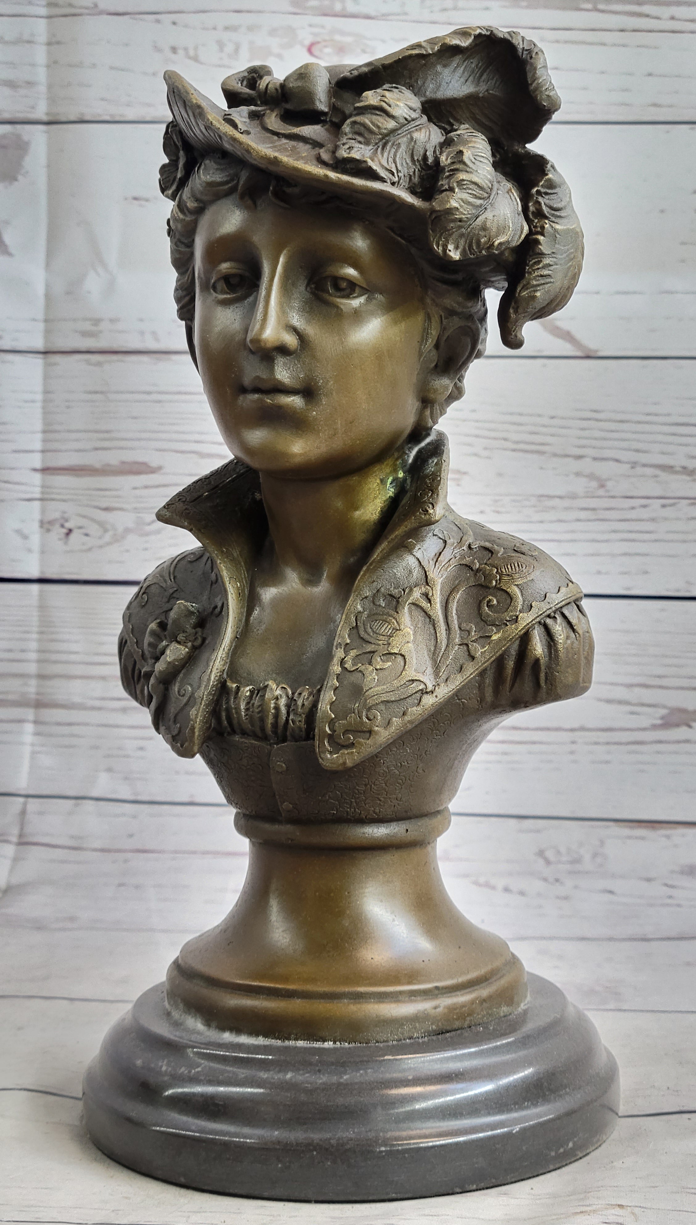 Victorian Woman in Feathered Hat Bronze Bust 11" x 5"