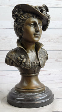 Victorian Woman in Feathered Hat Bronze Bust 11" x 5"