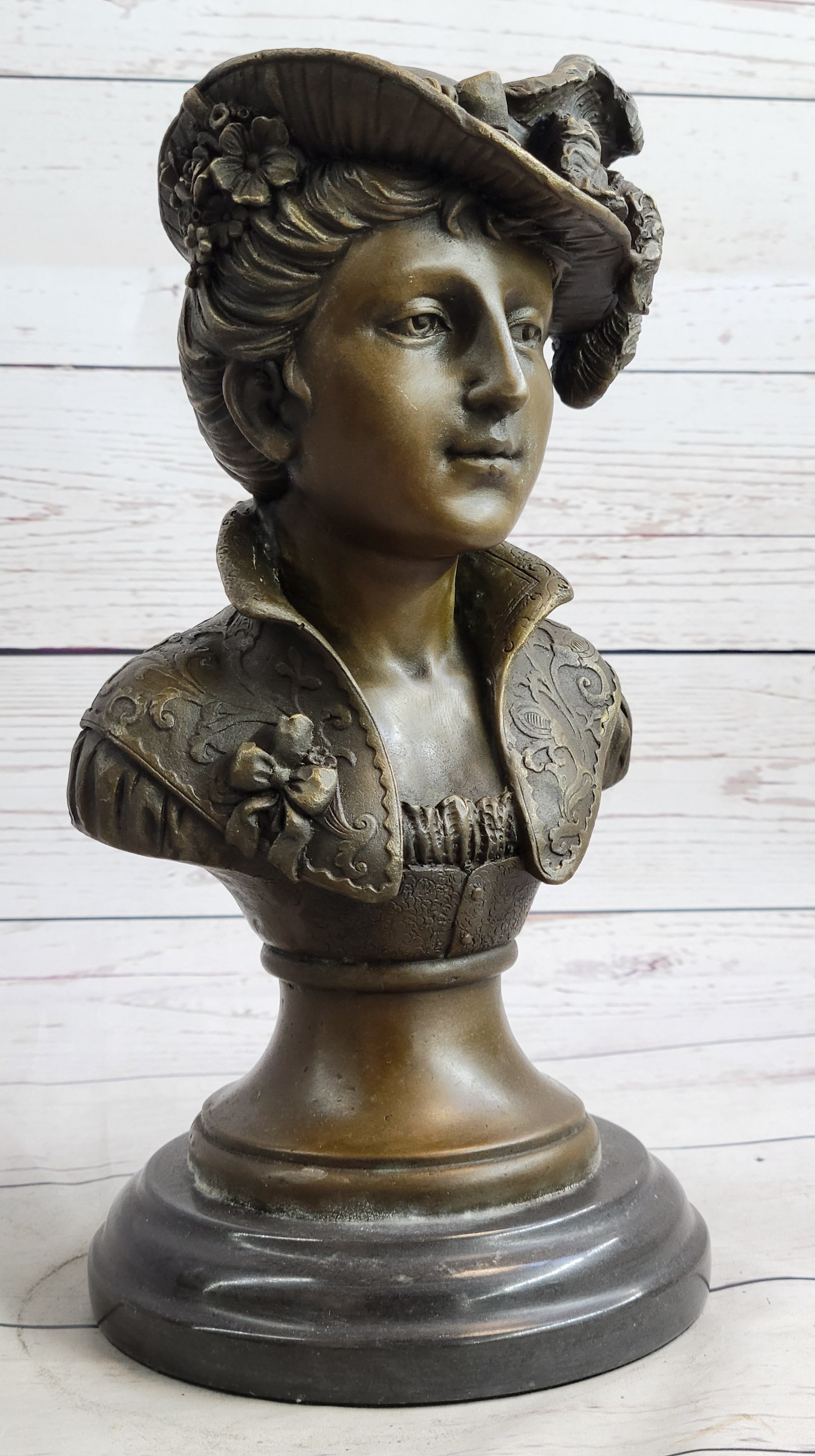 Victorian Woman in Feathered Hat Bronze Bust 11" x 5"