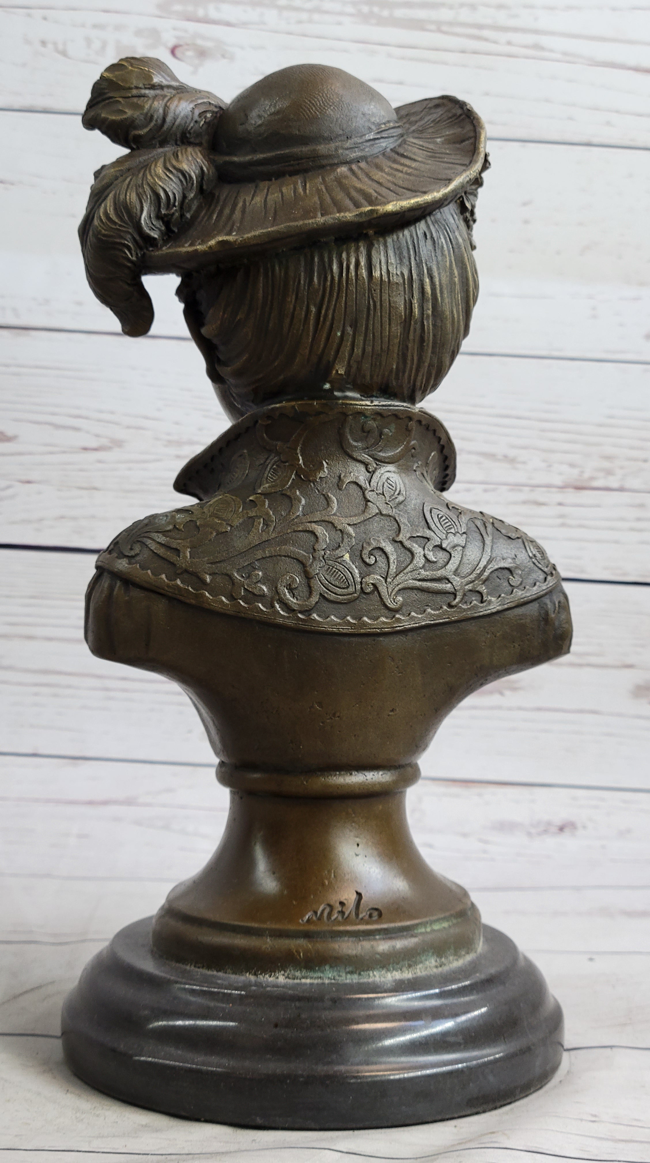 Victorian Woman in Feathered Hat Bronze Bust 11" x 5"