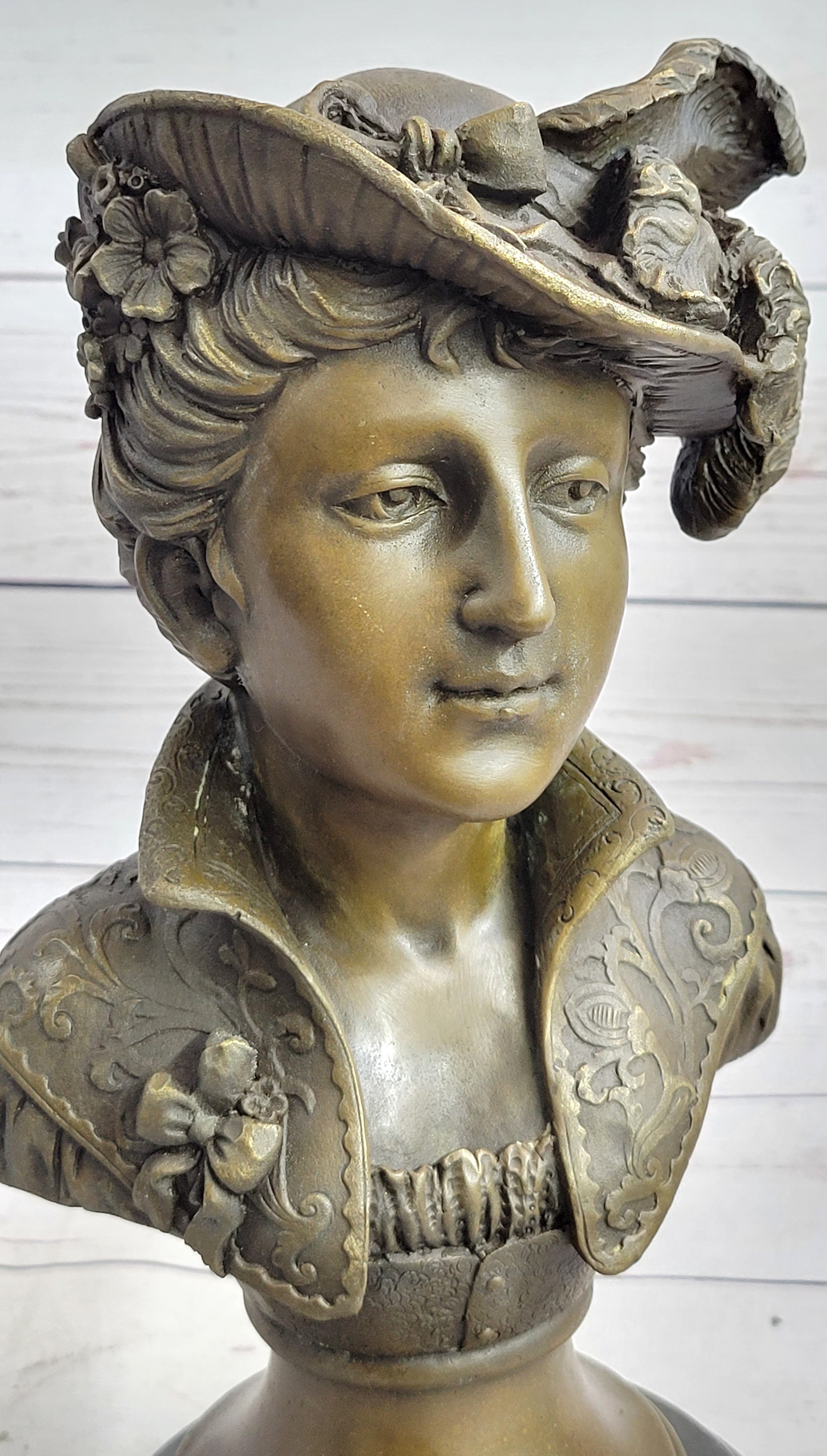 Victorian Woman in Feathered Hat Bronze Bust 11" x 5"