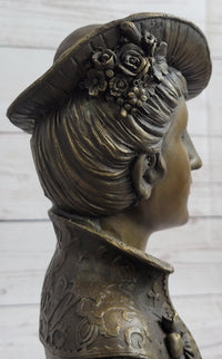 Victorian Woman in Feathered Hat Bronze Bust 11" x 5"