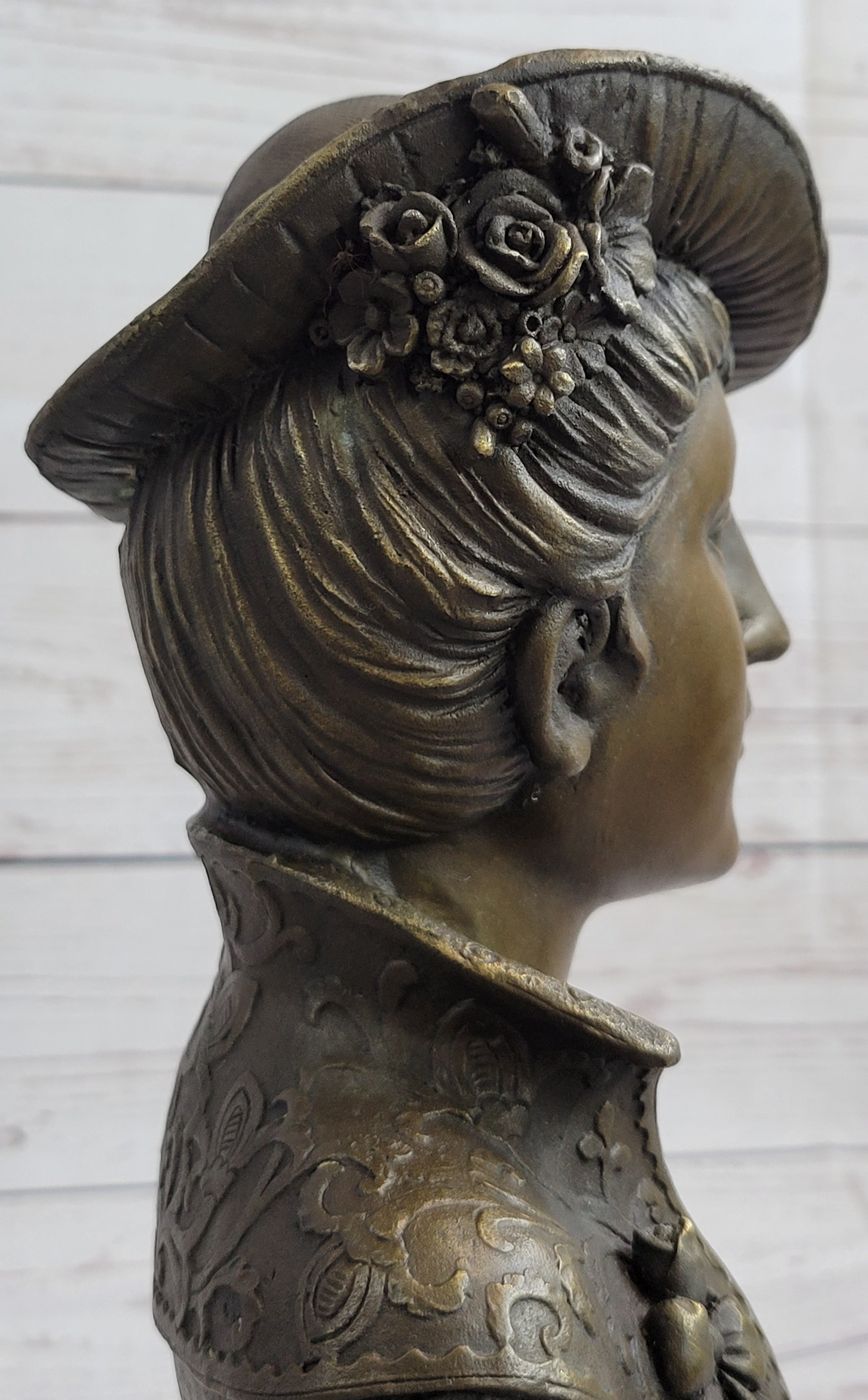 Victorian Woman in Feathered Hat Bronze Bust 11" x 5"