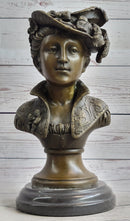 Victorian Woman in Feathered Hat Bronze Bust 11" x 5"