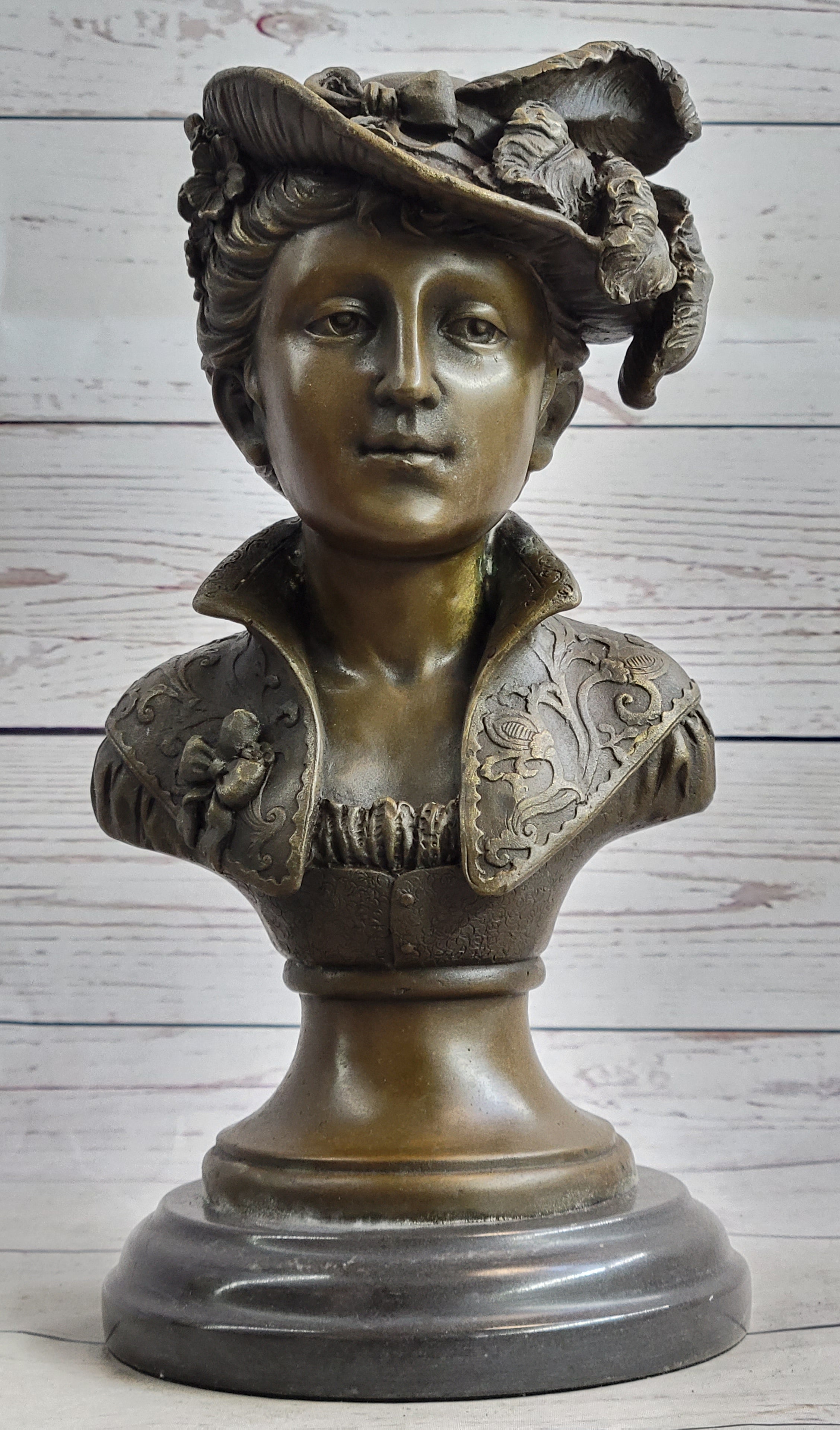 Victorian Woman in Feathered Hat Bronze Bust 11" x 5"