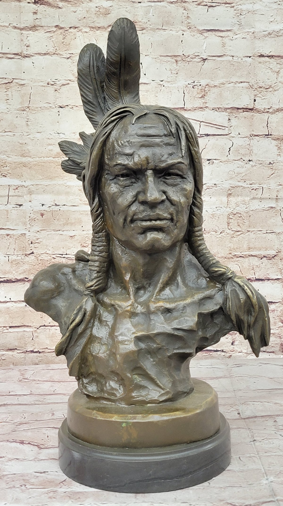 Hot Cast Bronze Bust of Native American Indian Man w/ Braided Hair