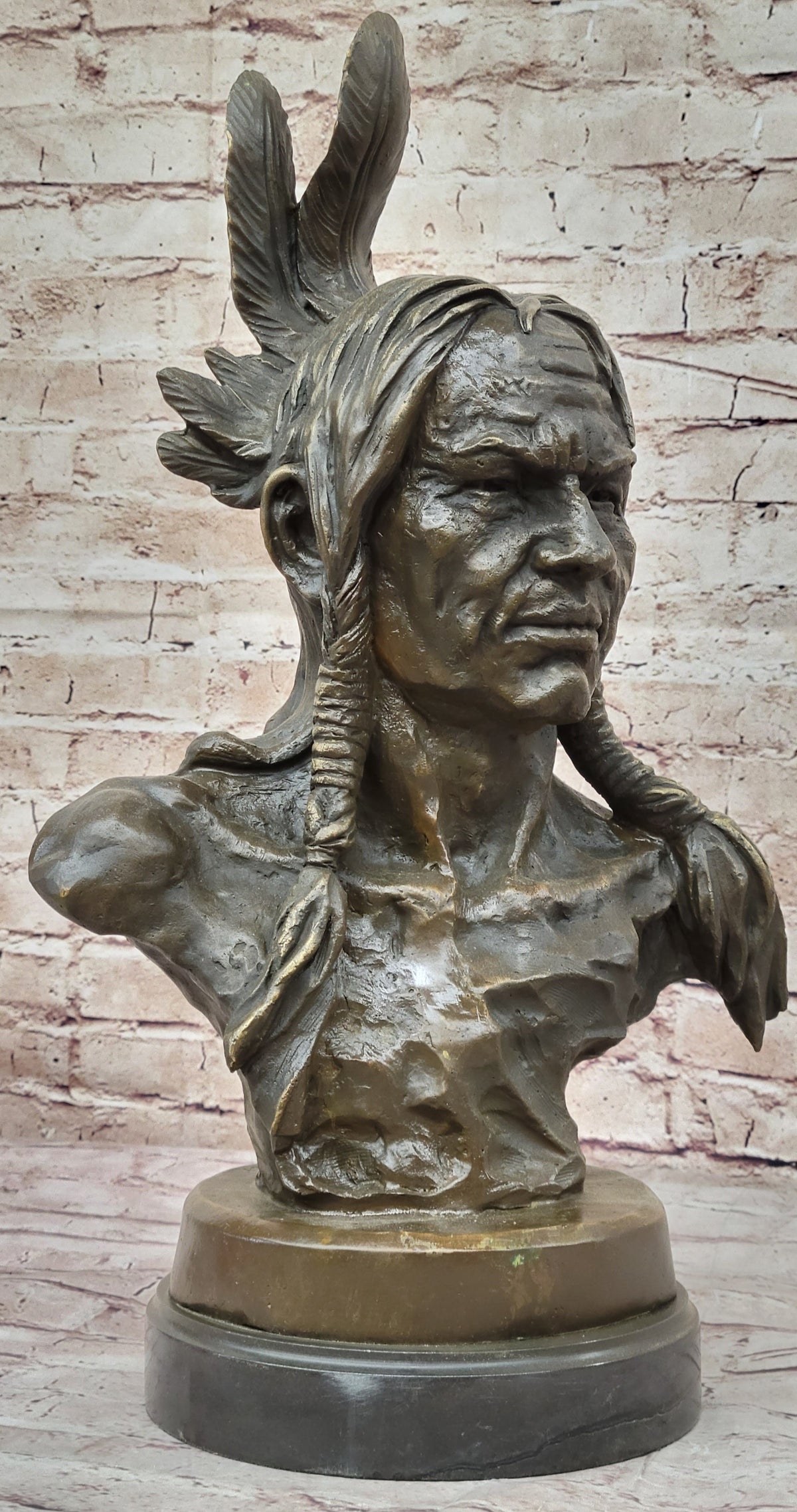 Hot Cast Bronze Bust of Native American Indian Man w/ Braided Hair
