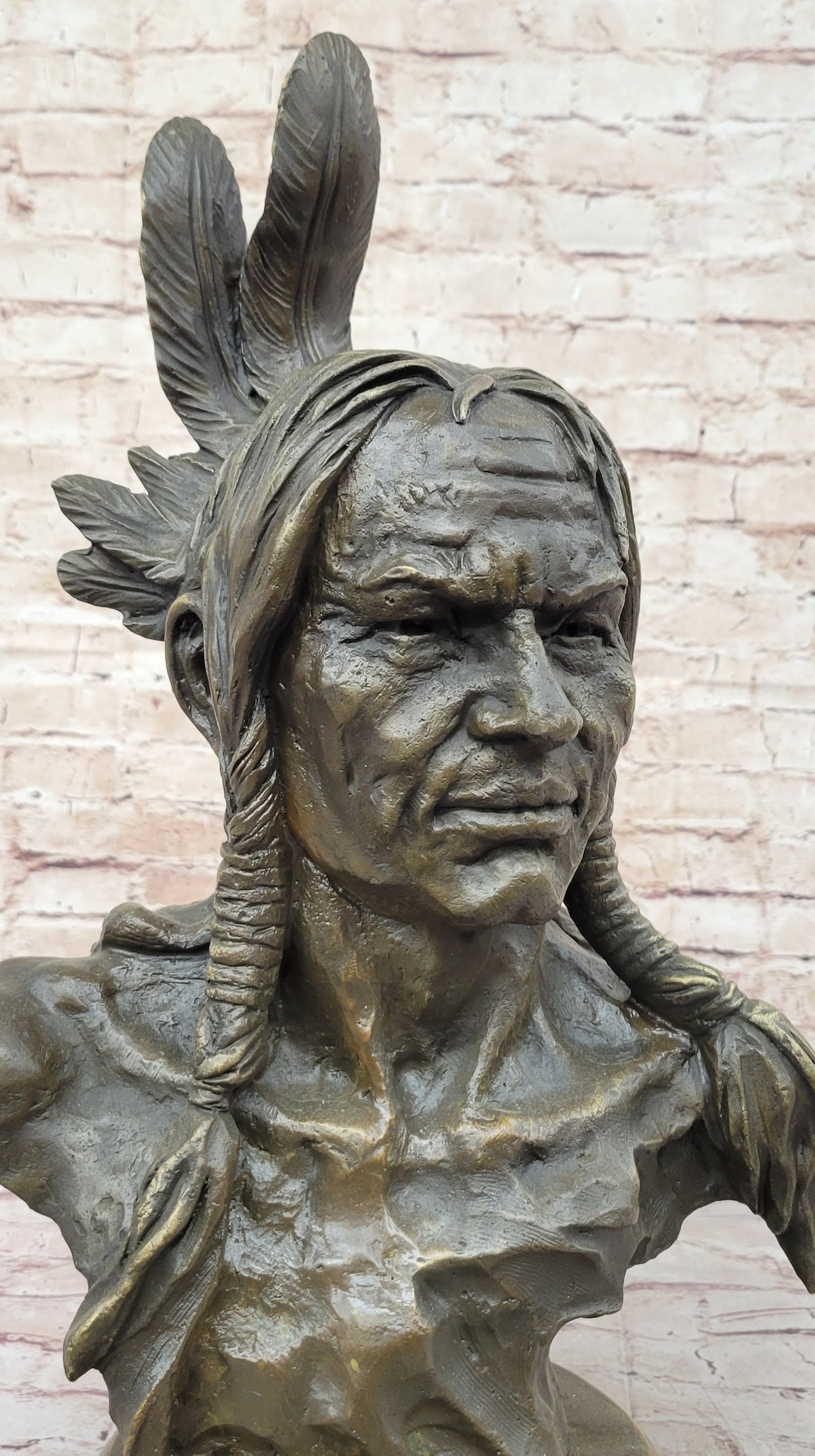 Hot Cast Bronze Bust of Native American Indian Man w/ Braided Hair