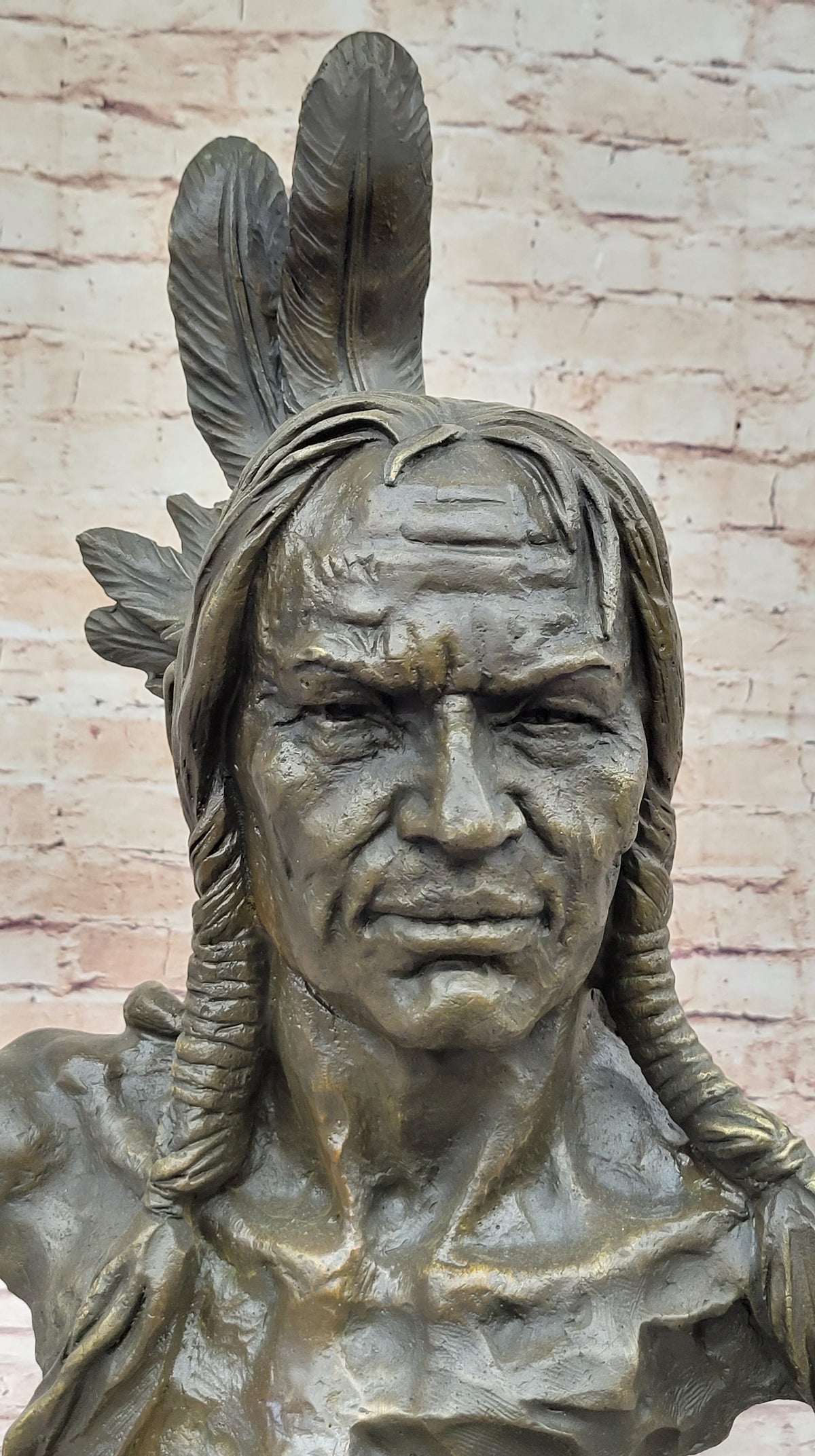 Hot Cast Bronze Bust of Native American Indian Man w/ Braided Hair