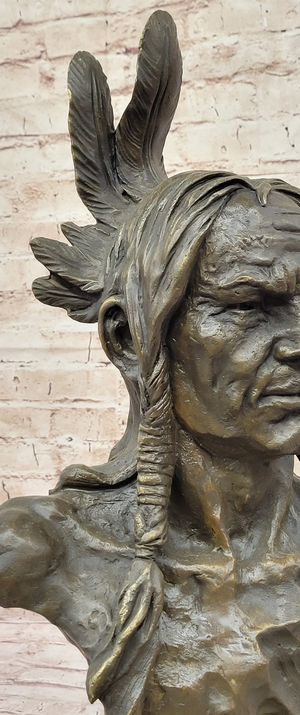 Hot Cast Bronze Bust of Native American Indian Man w/ Braided Hair