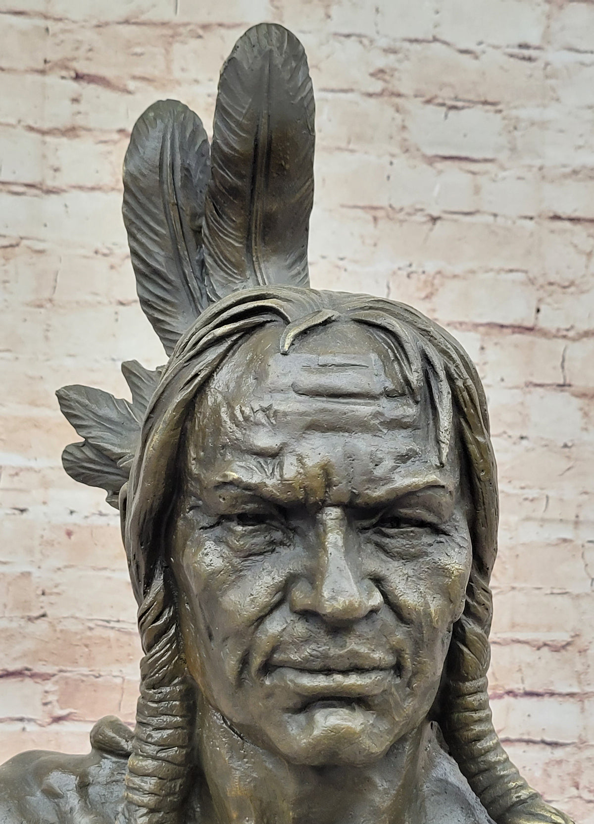 Hot Cast Bronze Bust of Native American Indian Man w/ Braided Hair