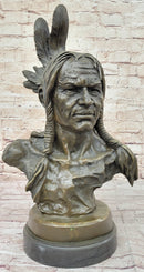 Hot Cast Bronze Bust of Native American Indian Man w/ Braided Hair