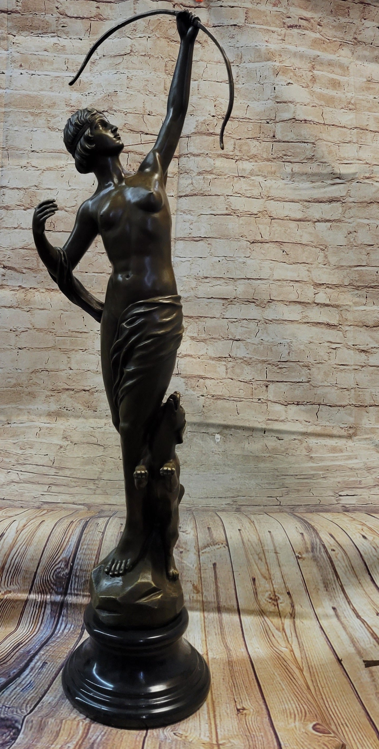 Artemis Diana Huntress with Bow and Hound Dog Bronze 35" x 13"