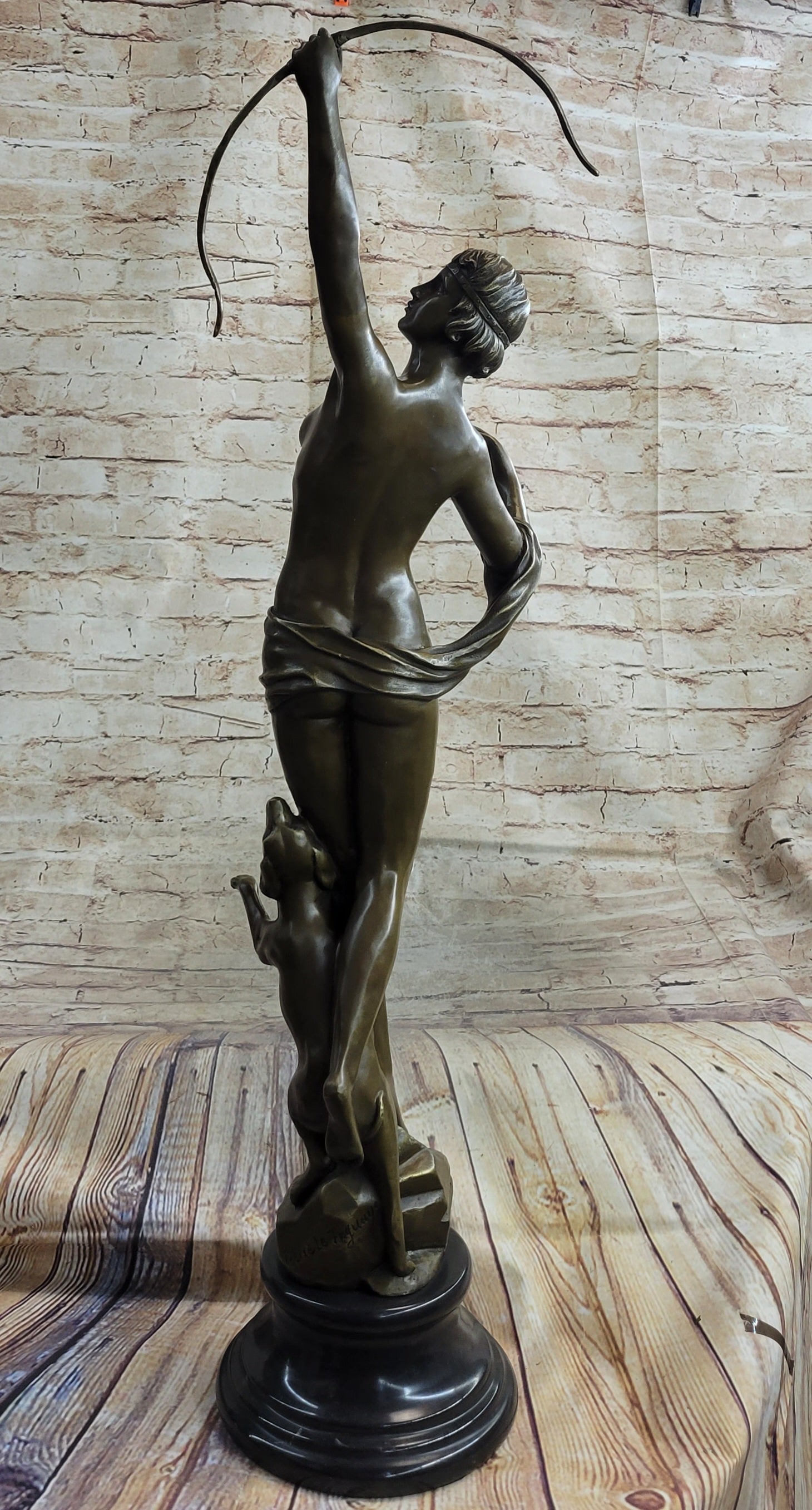 Artemis Diana Huntress with Bow and Hound Dog Bronze 35" x 13"