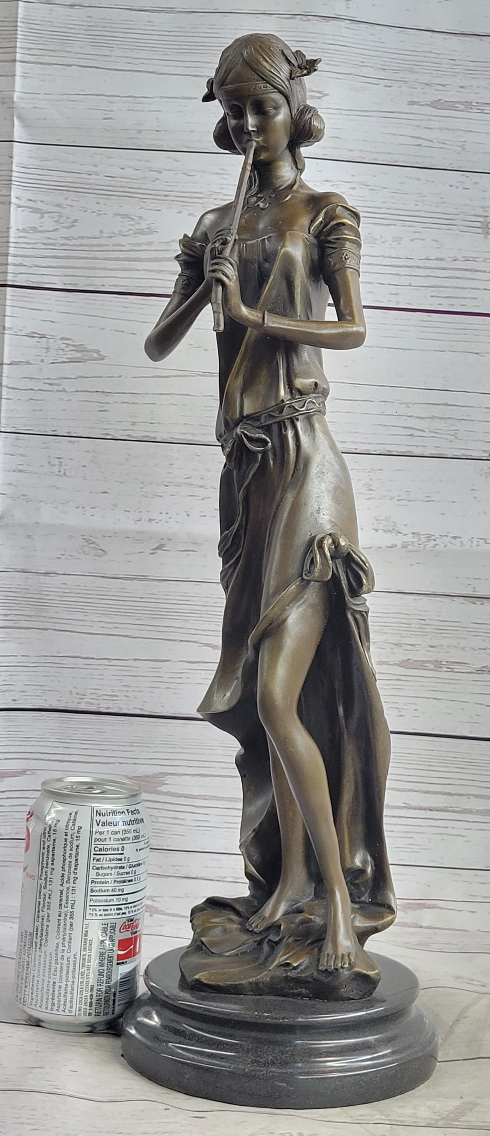 Girl Playing The Flute Bronze Sculpture on Marble Base