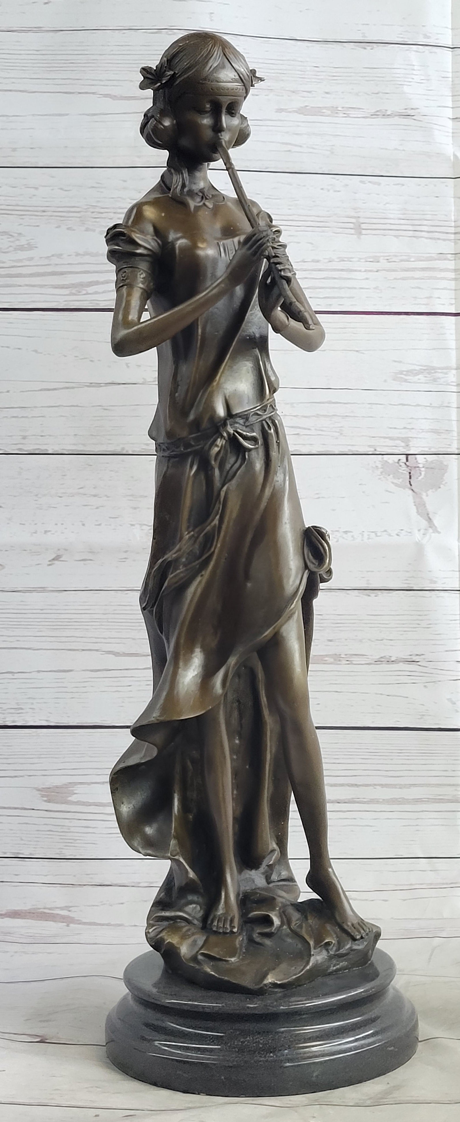 Girl Playing The Flute Bronze Sculpture on Marble Base
