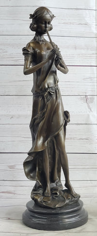 Girl Playing The Flute Bronze Sculpture on Marble Base