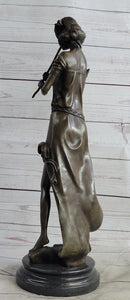 Girl Playing The Flute Bronze Sculpture on Marble Base