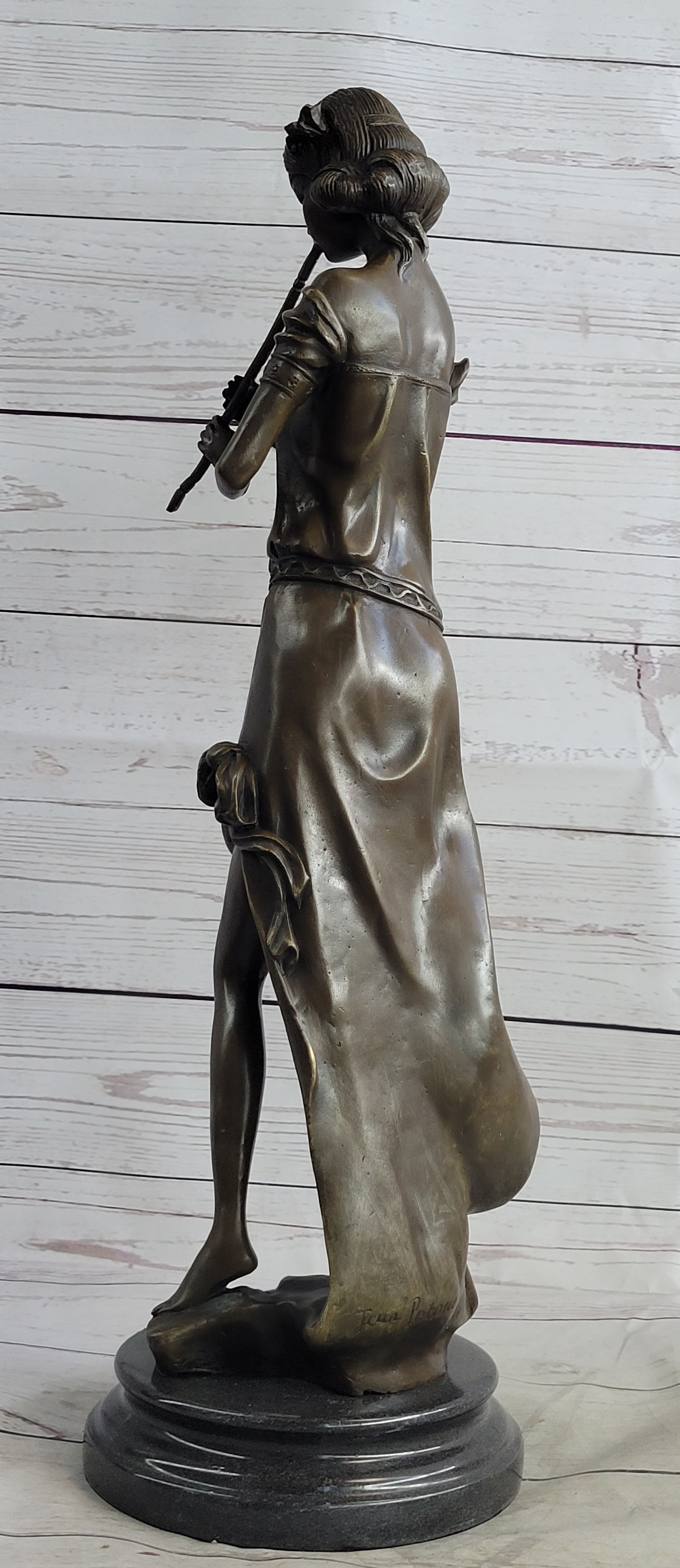 Girl Playing The Flute Bronze Sculpture on Marble Base