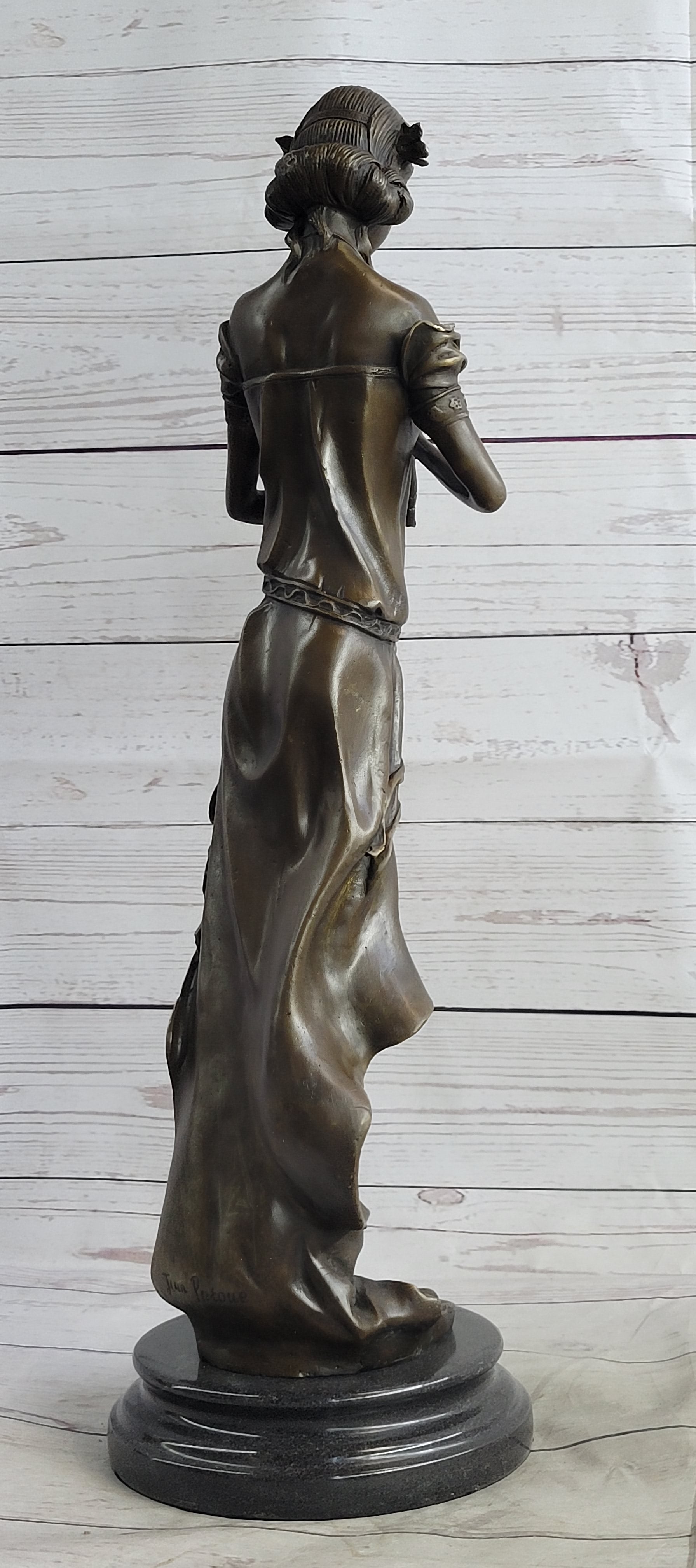 Girl Playing The Flute Bronze Sculpture on Marble Base