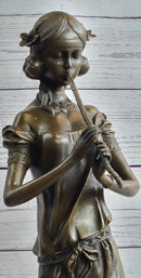 Girl Playing The Flute Bronze Sculpture on Marble Base
