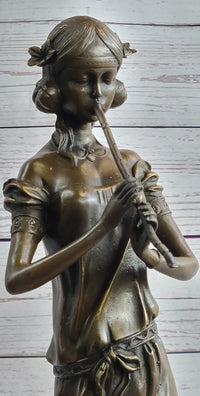 Girl Playing The Flute Bronze Sculpture on Marble Base