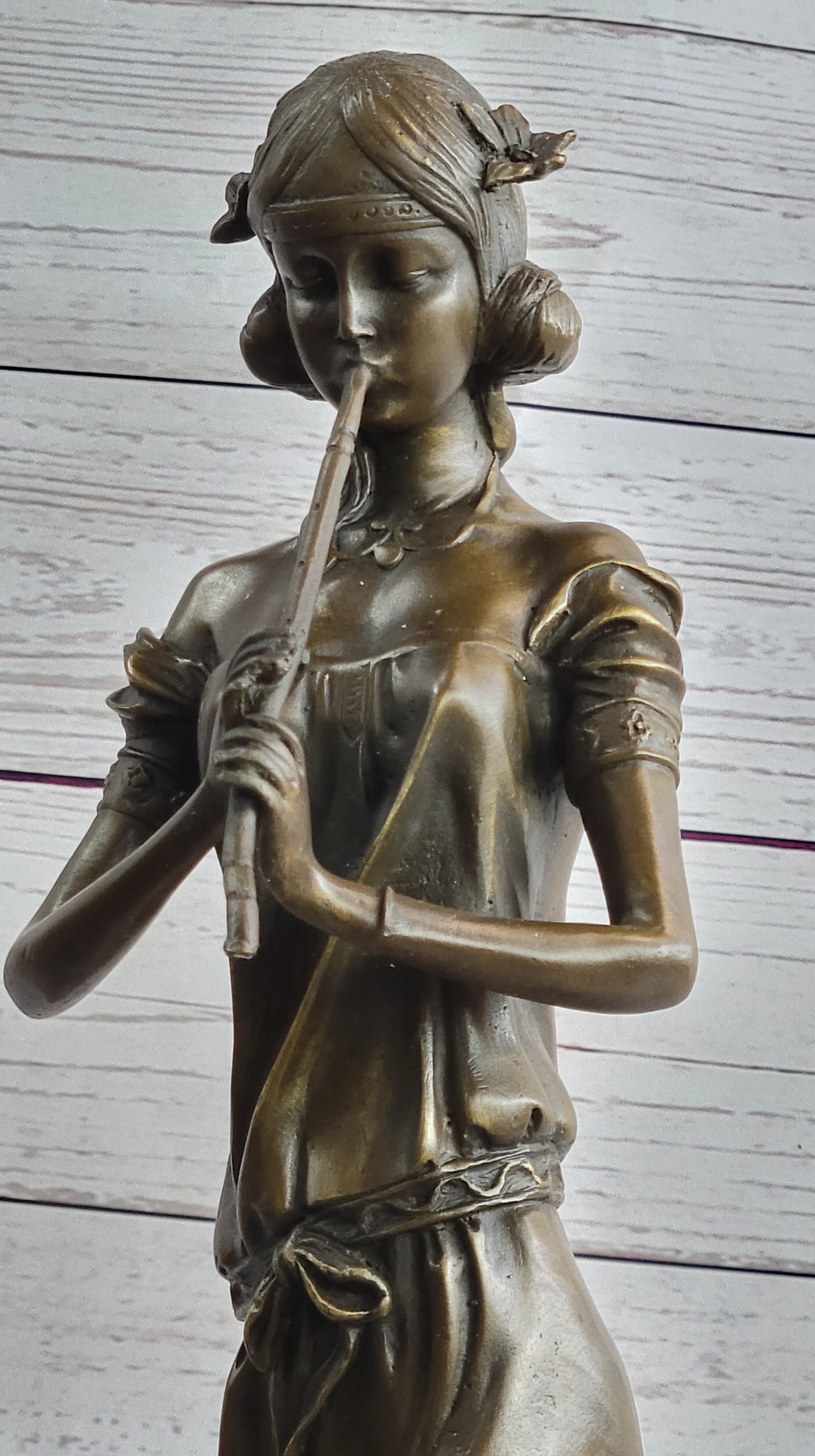 Girl Playing The Flute Bronze Sculpture on Marble Base