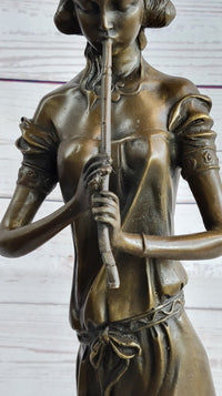 Girl Playing The Flute Bronze Sculpture on Marble Base