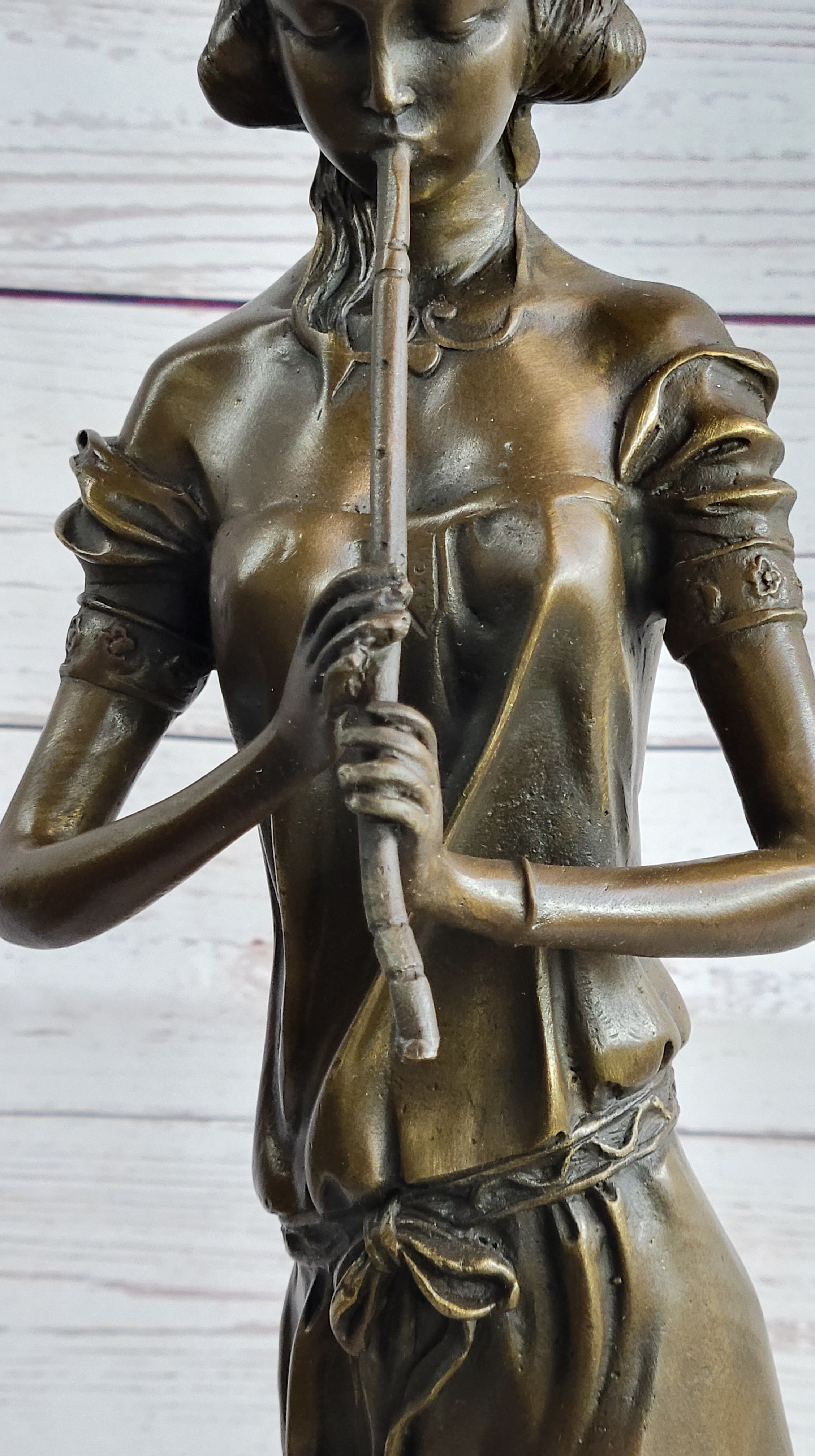 Girl Playing The Flute Bronze Sculpture on Marble Base
