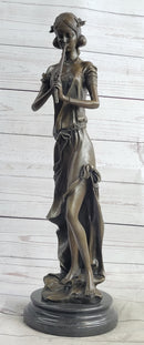 Girl Playing The Flute Bronze Sculpture on Marble Base