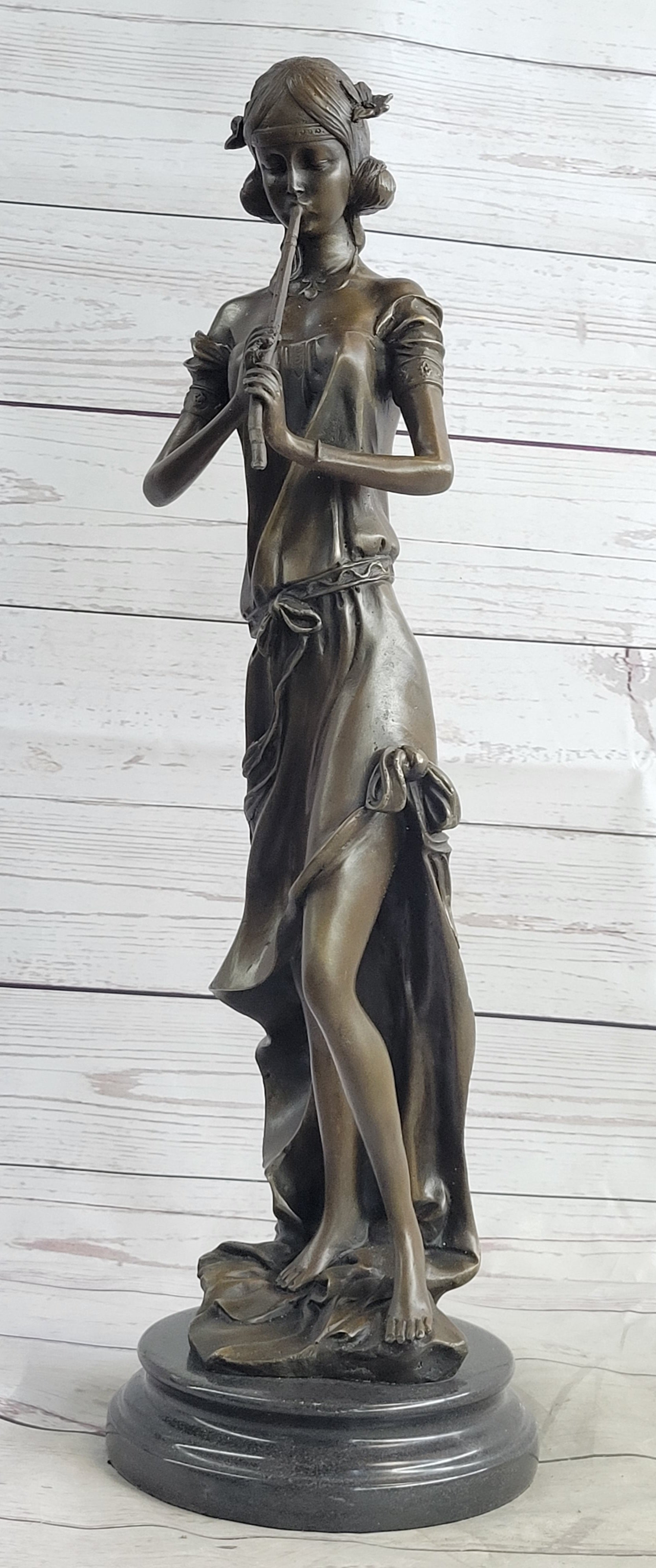 Girl Playing The Flute Bronze Sculpture on Marble Base