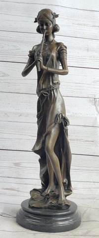 Girl Playing The Flute Bronze Sculpture on Marble Base
