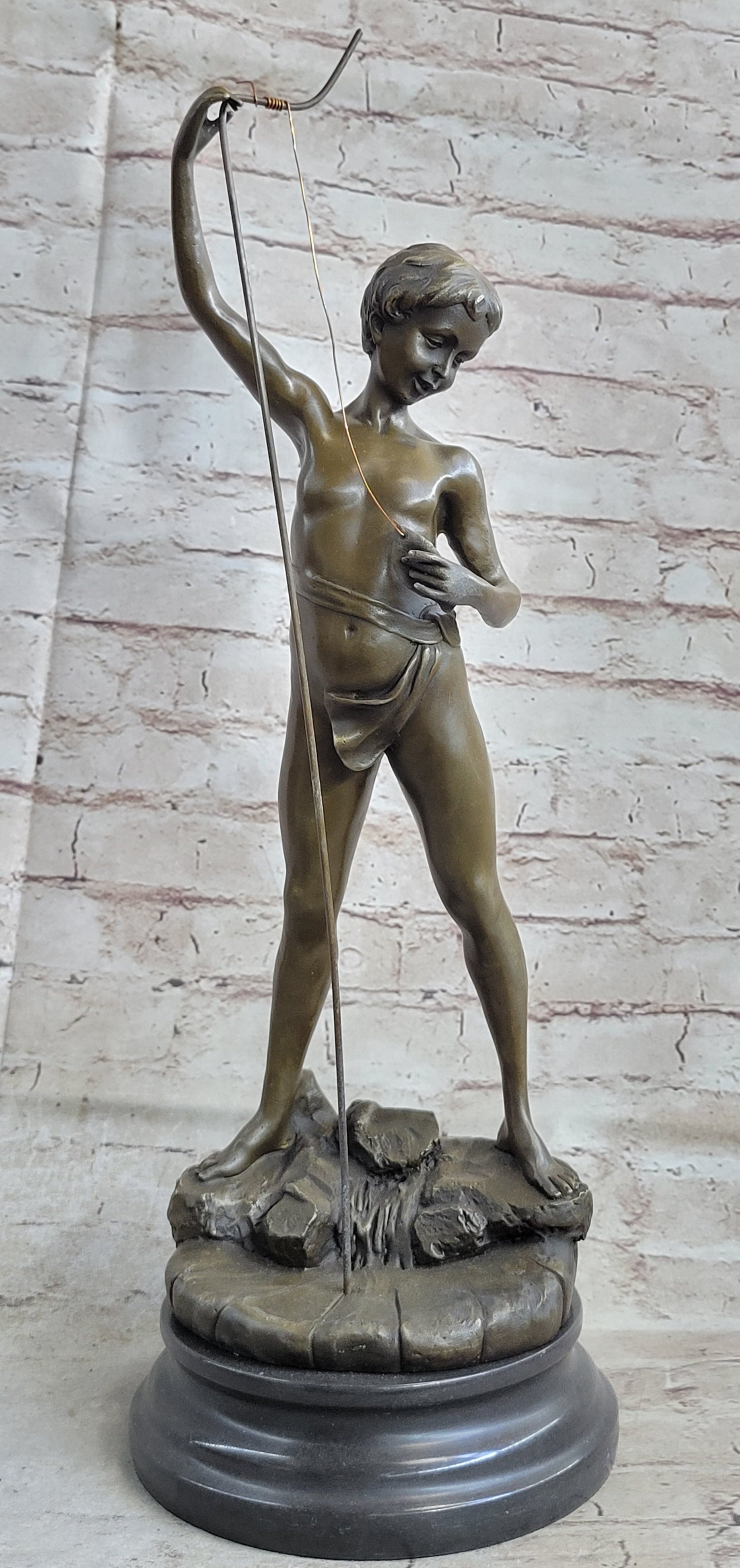 Art Taylor Nude Boy Holding Fish Bronze Sculpture Marble Base Figure