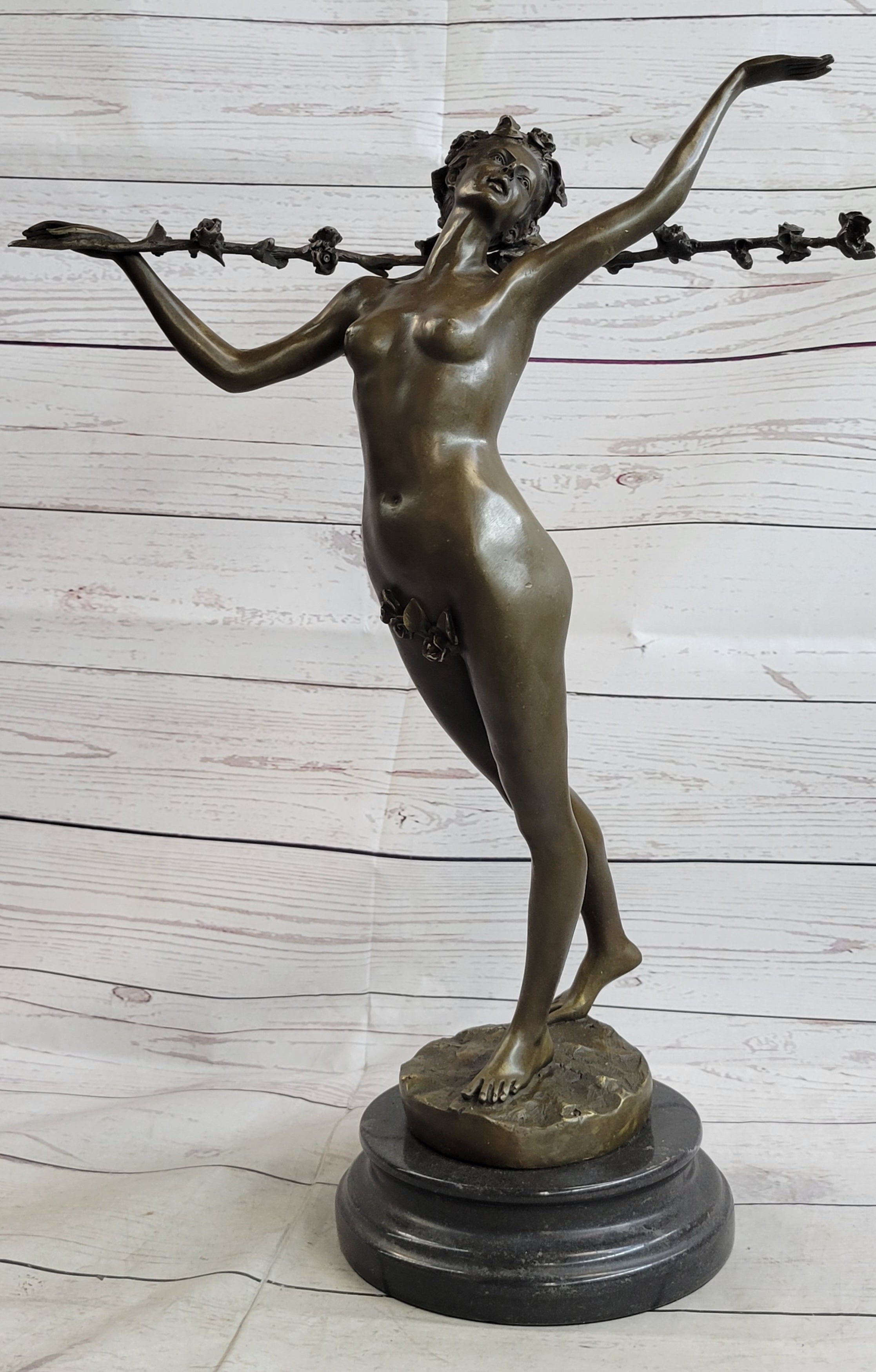 Signed Vitaleh Nude Nymph Calling into Forest Bronze Sculpture