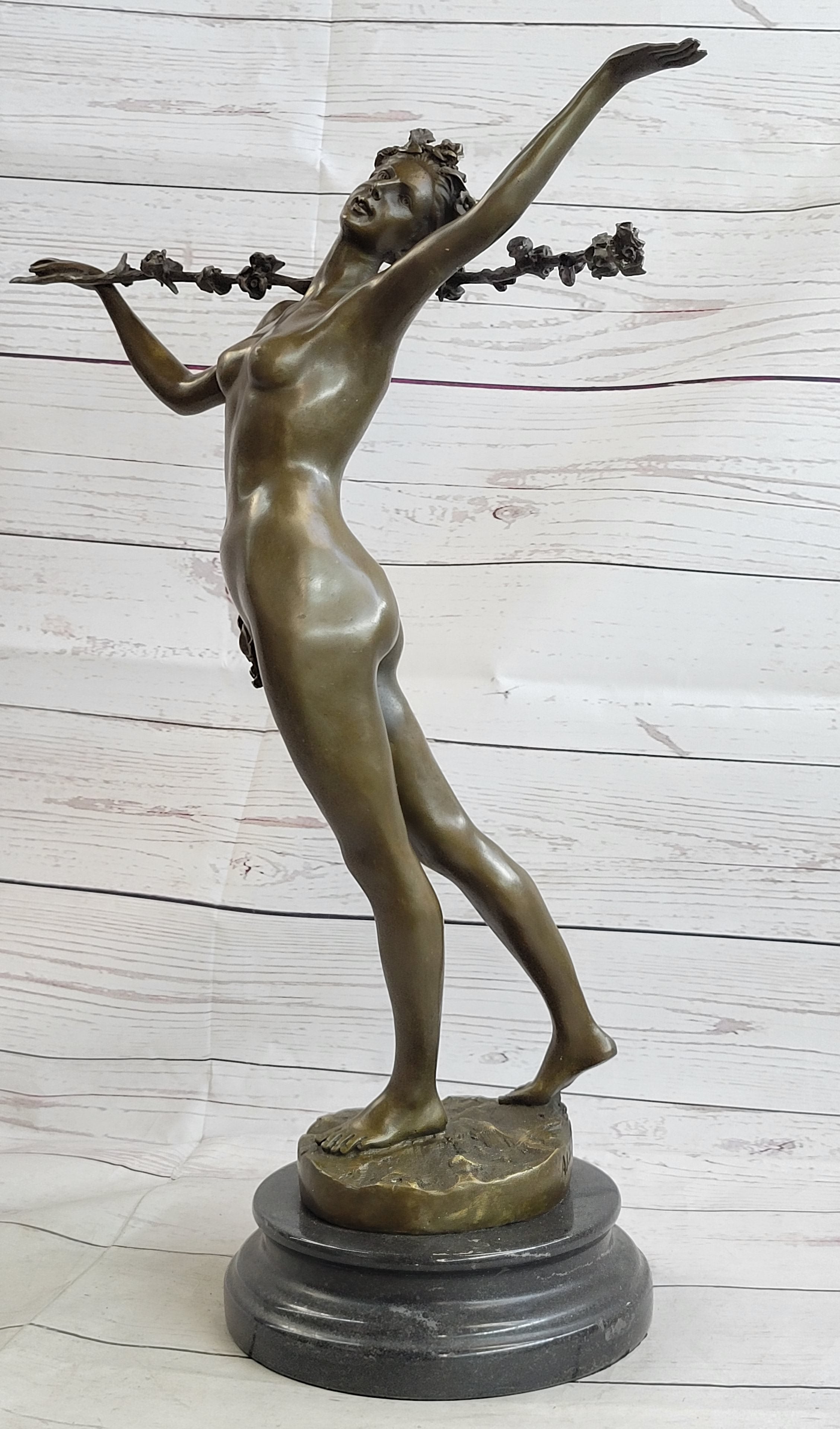 Signed Vitaleh Nude Nymph Calling into Forest Bronze Sculpture
