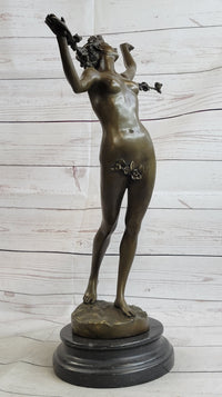 Signed Vitaleh Nude Nymph Calling into Forest Bronze Sculpture