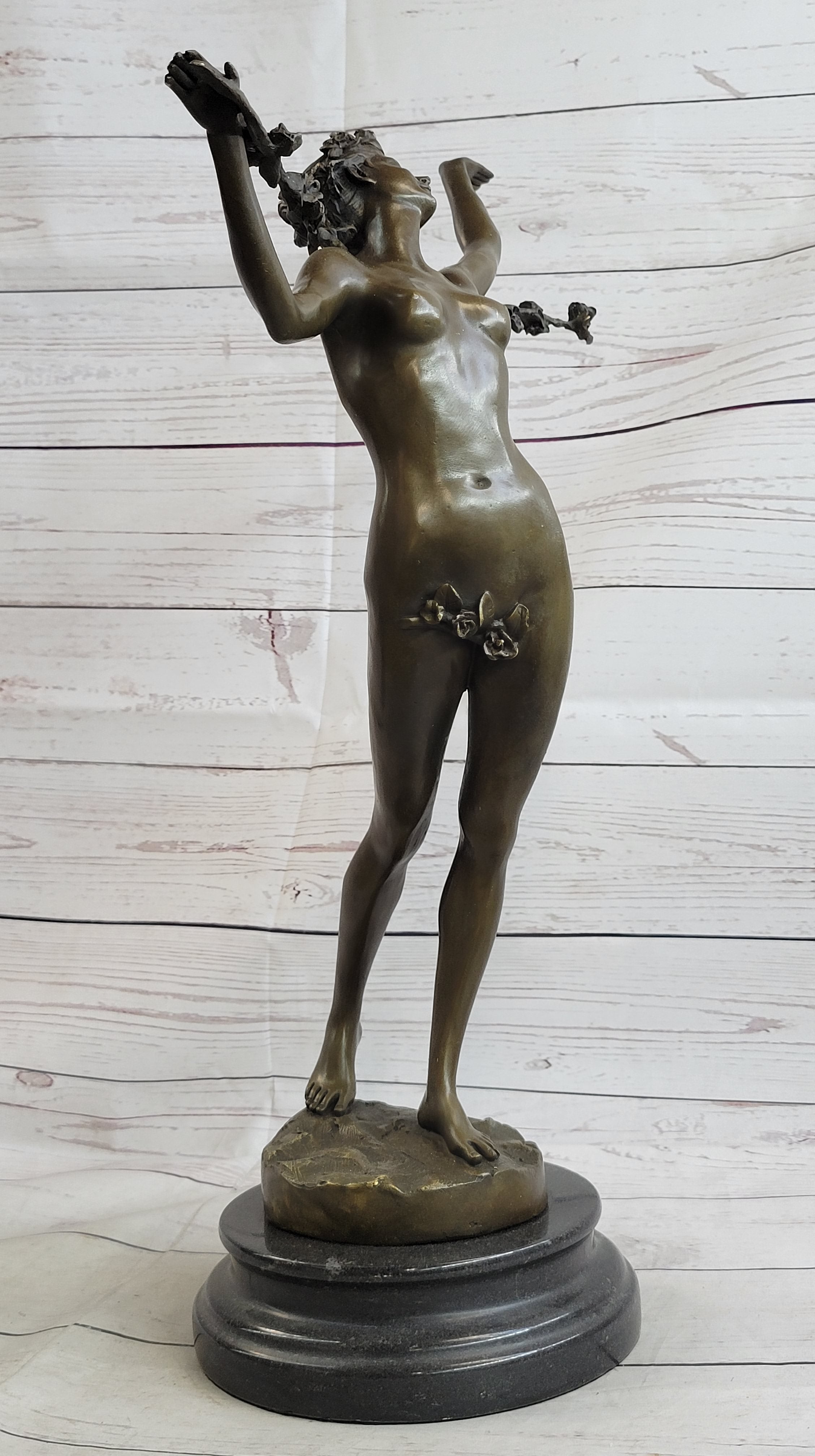Signed Vitaleh Nude Nymph Calling into Forest Bronze Sculpture