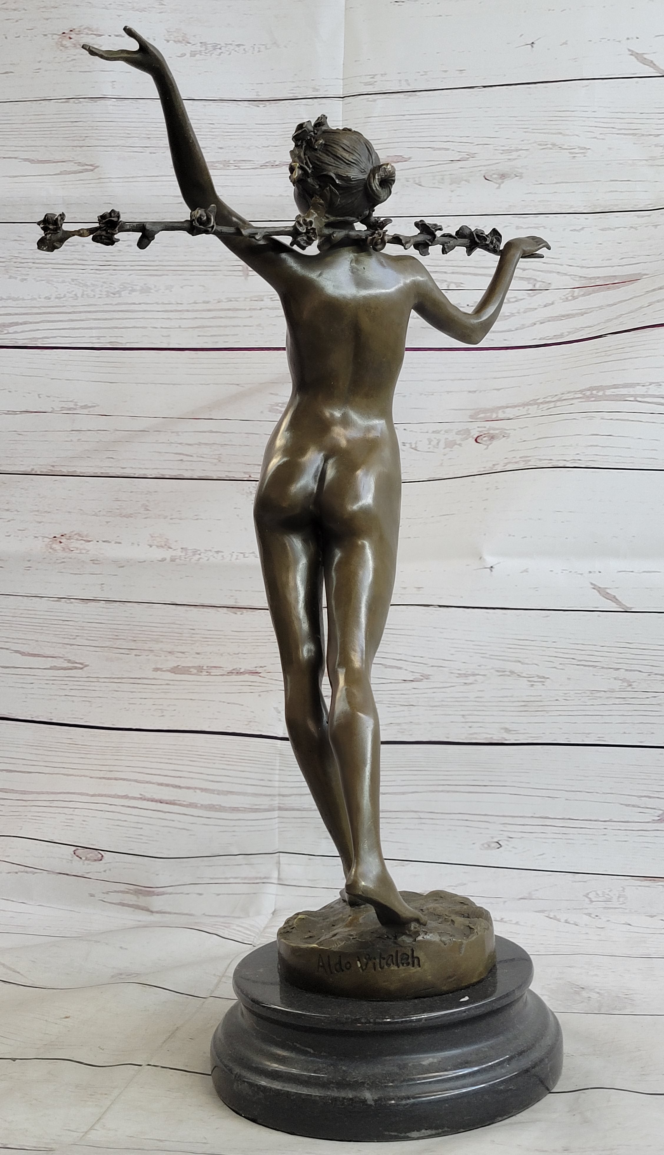 Signed Vitaleh Nude Nymph Calling into Forest Bronze Sculpture