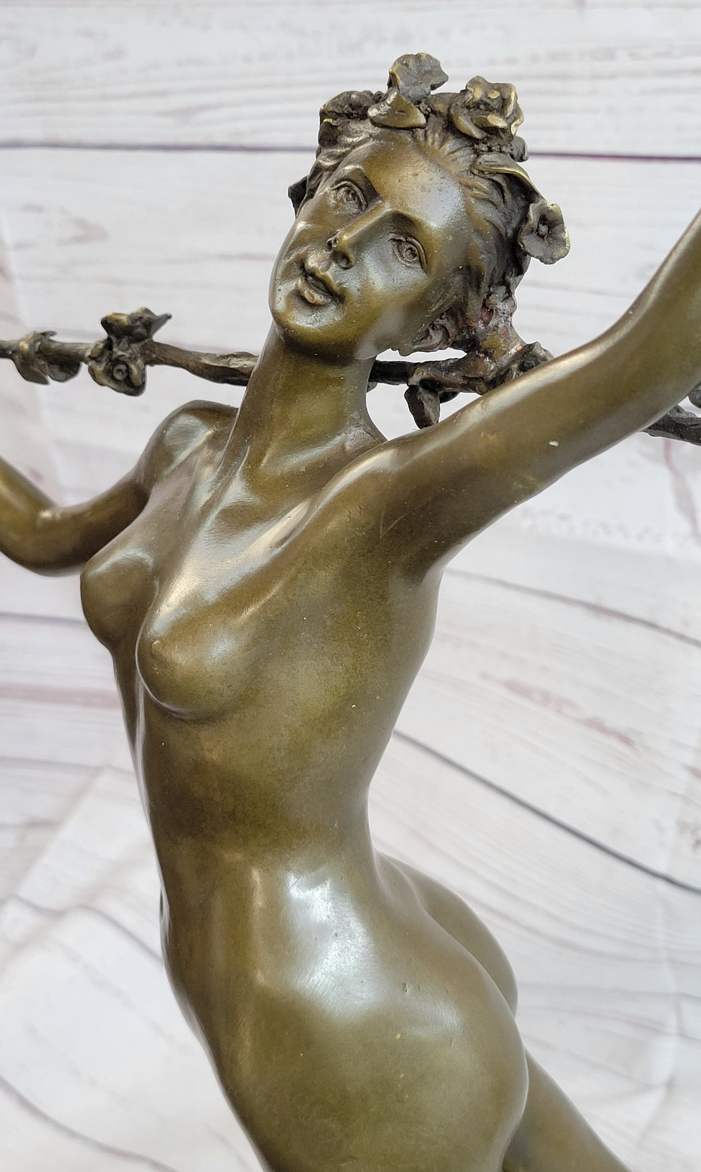 Signed Vitaleh Nude Nymph Calling into Forest Bronze Sculpture