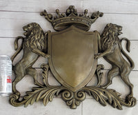 Coat of Arms Family Crest Lions Crown Bronze Wall Sculpture 13" x 16"