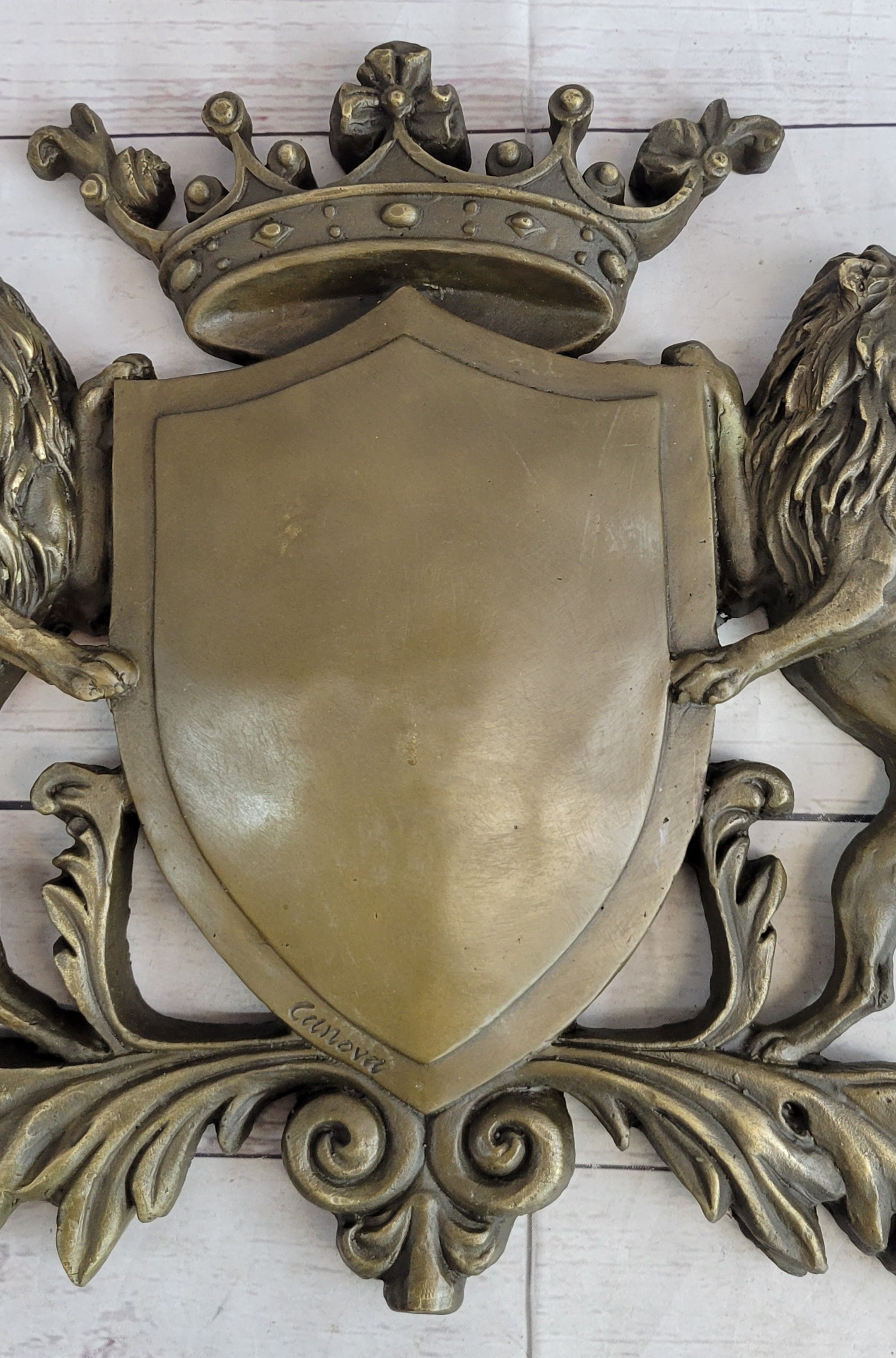 Coat of Arms Family Crest Lions Crown Bronze Wall Sculpture 13" x 16"