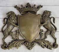 Coat of Arms Family Crest Lions Crown Bronze Wall Sculpture 13" x 16"