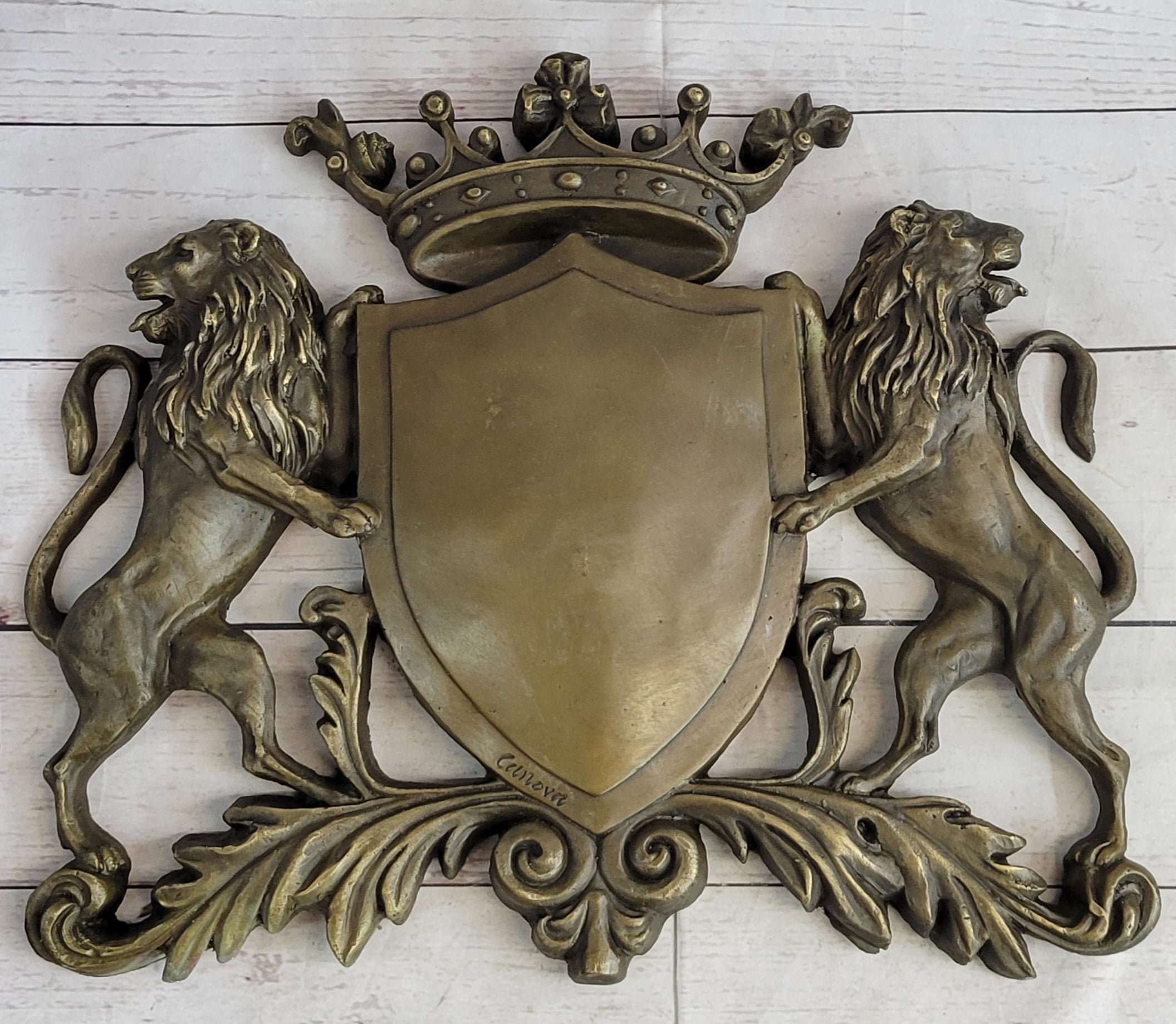 Coat of Arms Family Crest Lions Crown Bronze Wall Sculpture 13" x 16"