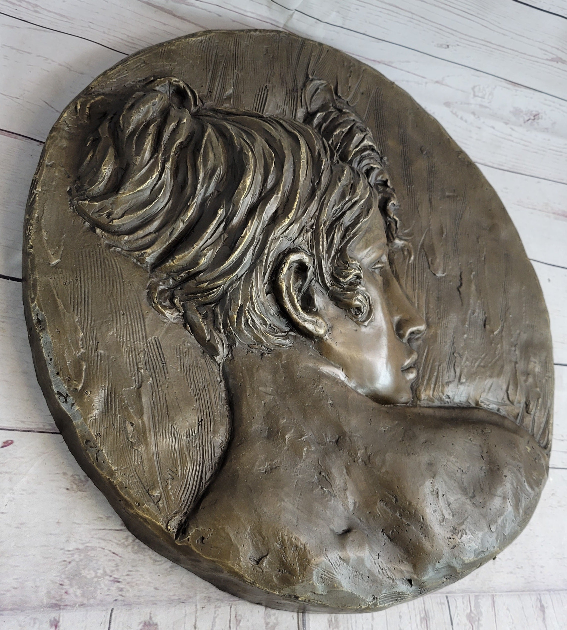 Art Nouveau Bronze Wall Hanging of Woman Profile 17" x 7"